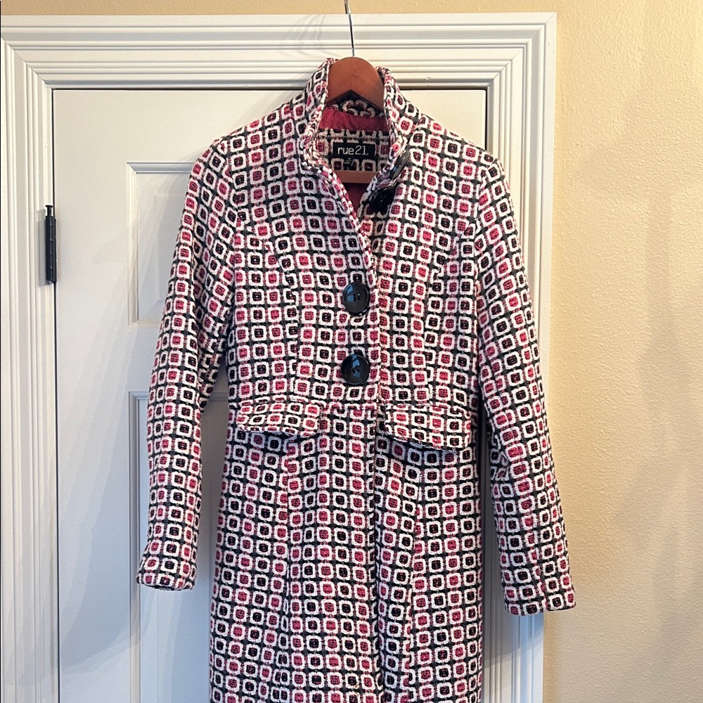 Rue21 pink and Black Patterned Trench Coat